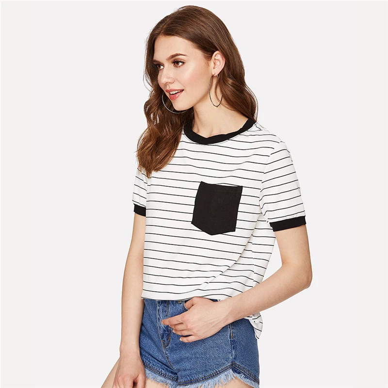 Dotfashion Black And White Patch Pocket Striped Ringer Tee Women Casual Tops Summer Short Sleeve Preppy Colorblock T-Shirt