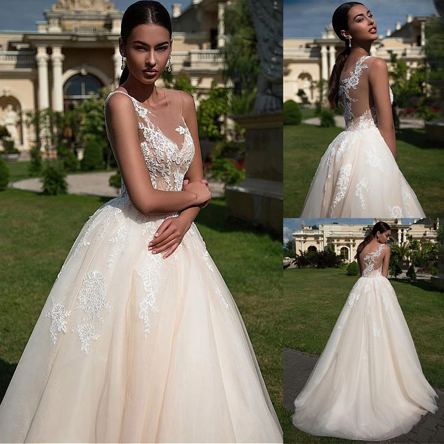 

Потрясающее Свадебное платье из тюля с V-образным вырезом и кружевной аппликацией, а-силуэта цвета шампанского, vestido de madrinha