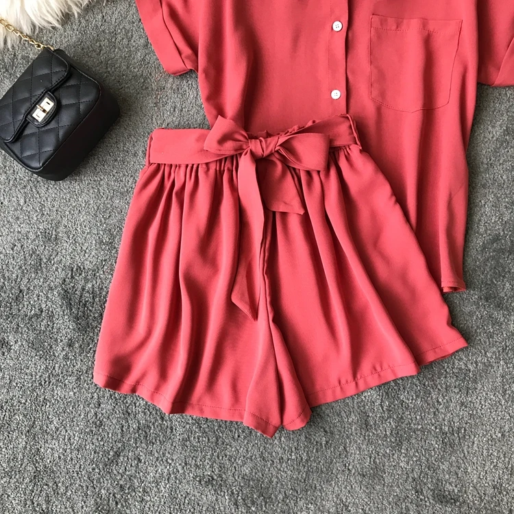ALPHALMODA, повседневные рубашки с коротким рукавом+ шорты, женские комплекты из 2 предметов, однобортная блузка с карманами+ шорты с поясом, летние комплекты