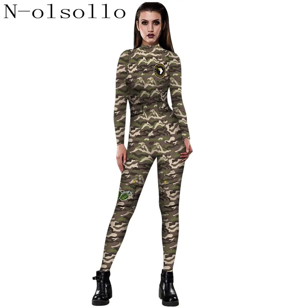 Женское боди с длинным рукавом и камуфляжным принтом на молнии | Женская одежда
