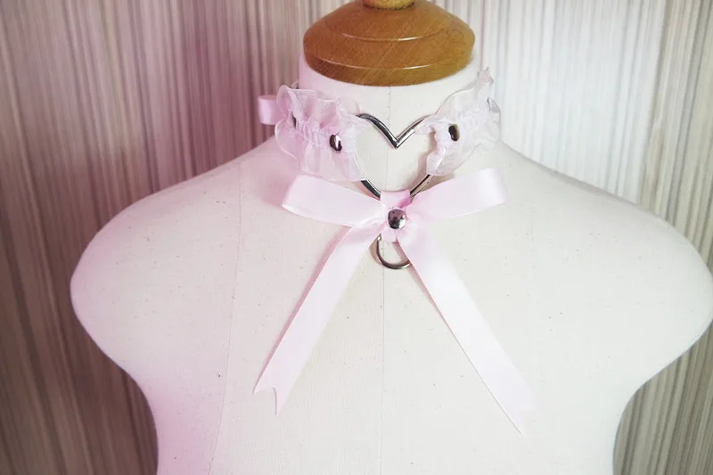 Pink Сексуальная Лолита милый ручной работы на шнуровке эластичный воротник большое сердце лук ленты колье ожерелье - Окраска металла: Pink