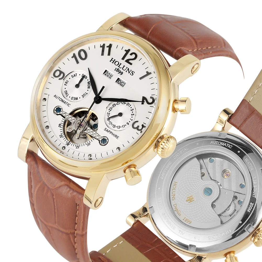 

Classic Automatic-self-wind Mechanical Watch Stainless Steel Skeleton Watches Practical Business Holuns Brand Luxury Men Clock