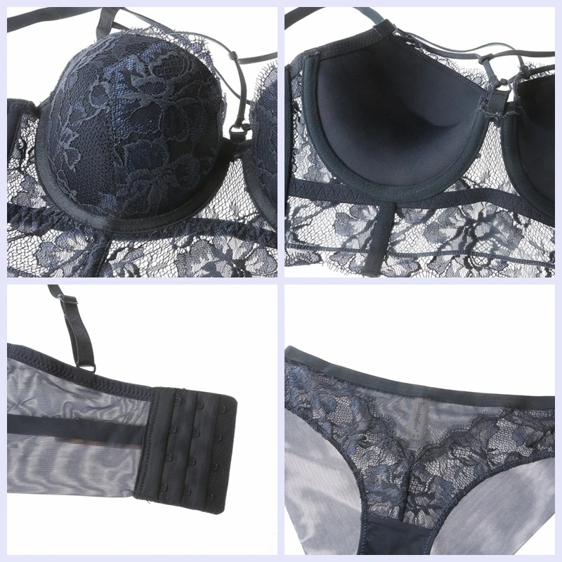 Sexy Lace Bandage Bra Broadside Push-Up Bra and Panties Set Lacy Underwear Sets Women Lingerie White Blue Black Brassieres