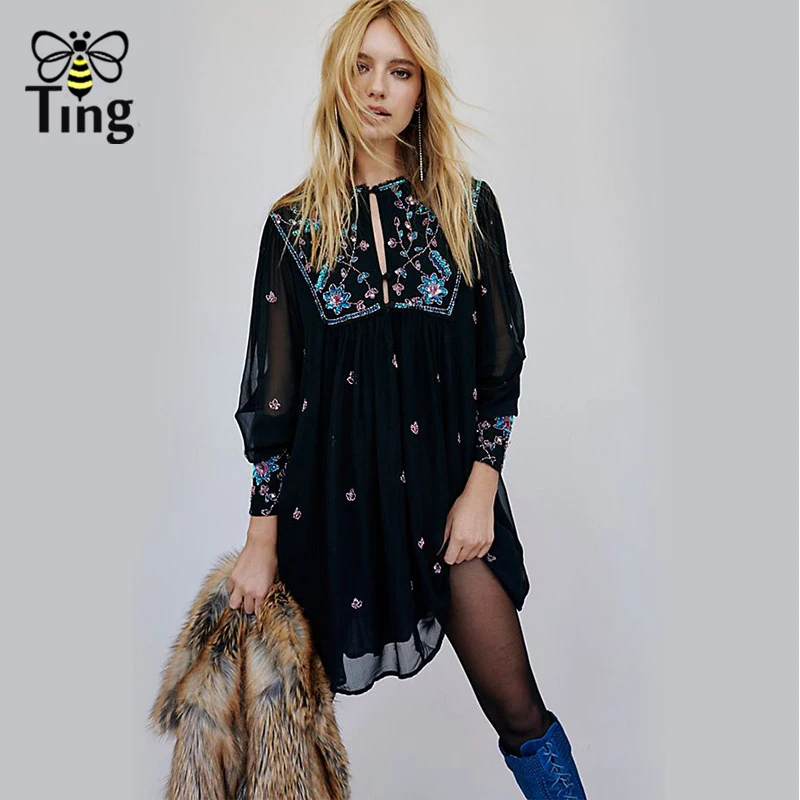Tingfly Новое поступление свободный стиль Embroideery свободное мини-платье женское