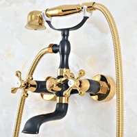 black gold color brass wall mount bathroom tub faucet dual cross handles telephone style hand shower clawfoot tub filler ana458