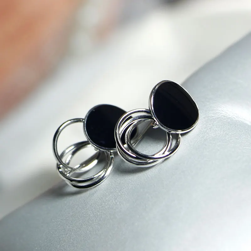 Black Round Epoxy Earrings S925 Sterling Silver for Women | Украшения и аксессуары
