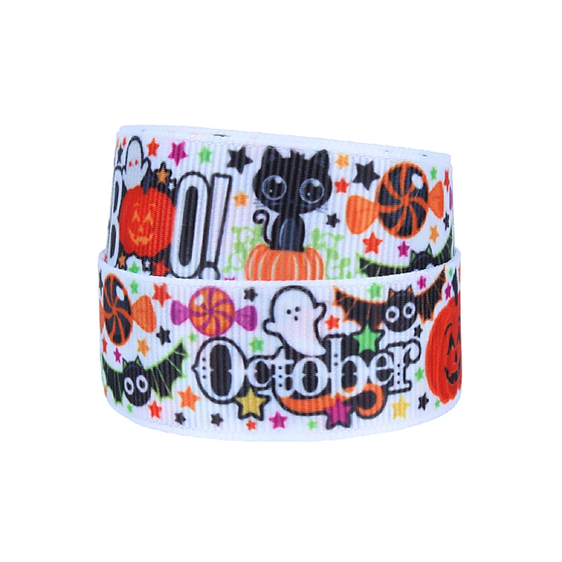 

Black cat, ghost, candy printed Halloween grosgrain ribbon for kids hair bows