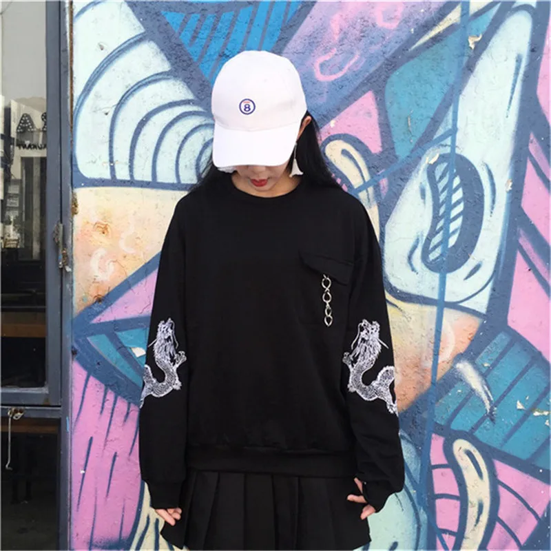 Осень 2018 Новый Ретро свободный китайский дракон вышивка толстовка с капюшоном