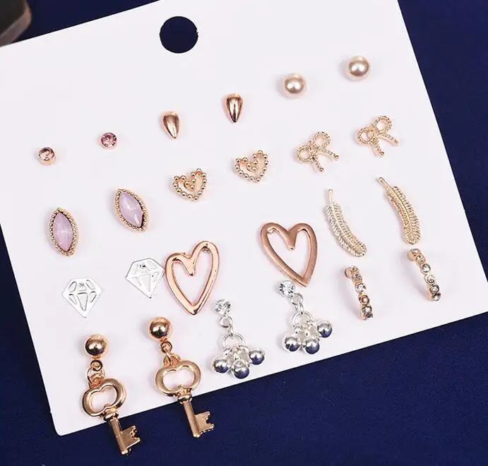 2019 Fashion 9 Pairs/Lot Plastic Anti allergy earring Pearl diamond flower Heart star Stud Earrings heart Cross Circle Earring | Украшения