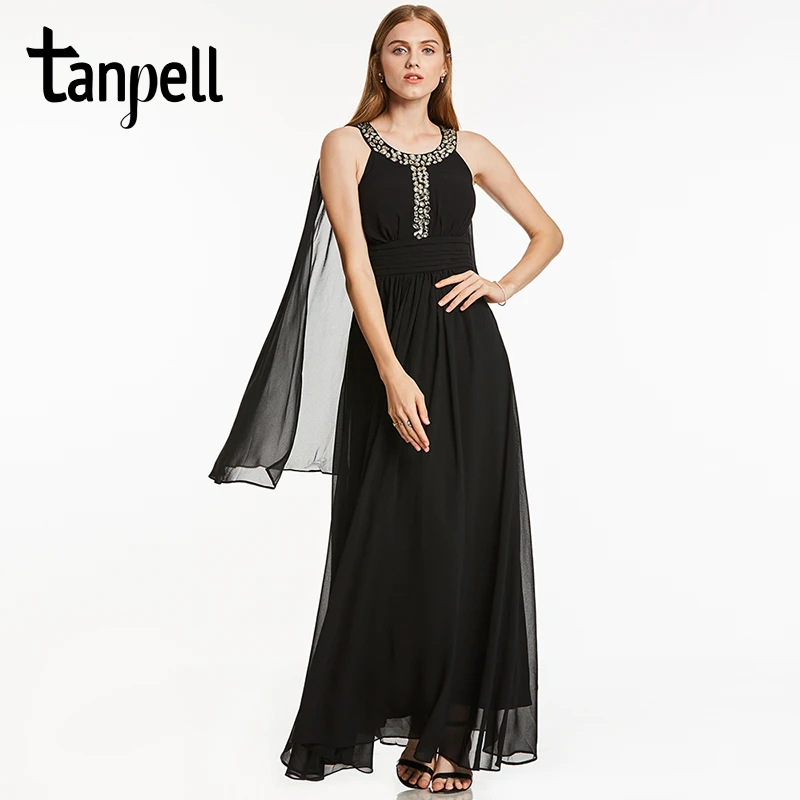 

Tanpell new scoop prom dress sexy black sleeveless floor length a line dresses women graduation evening beaded long prom gown