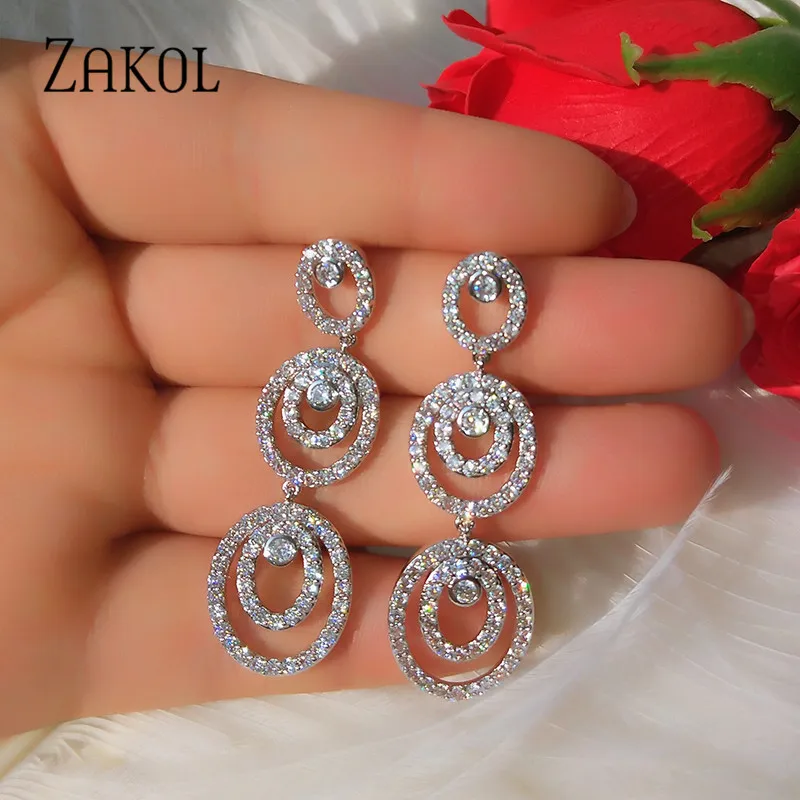 ZAKOL Роскошные 3 шт. круглые Многослойные CZ циркония длинные висячие женские