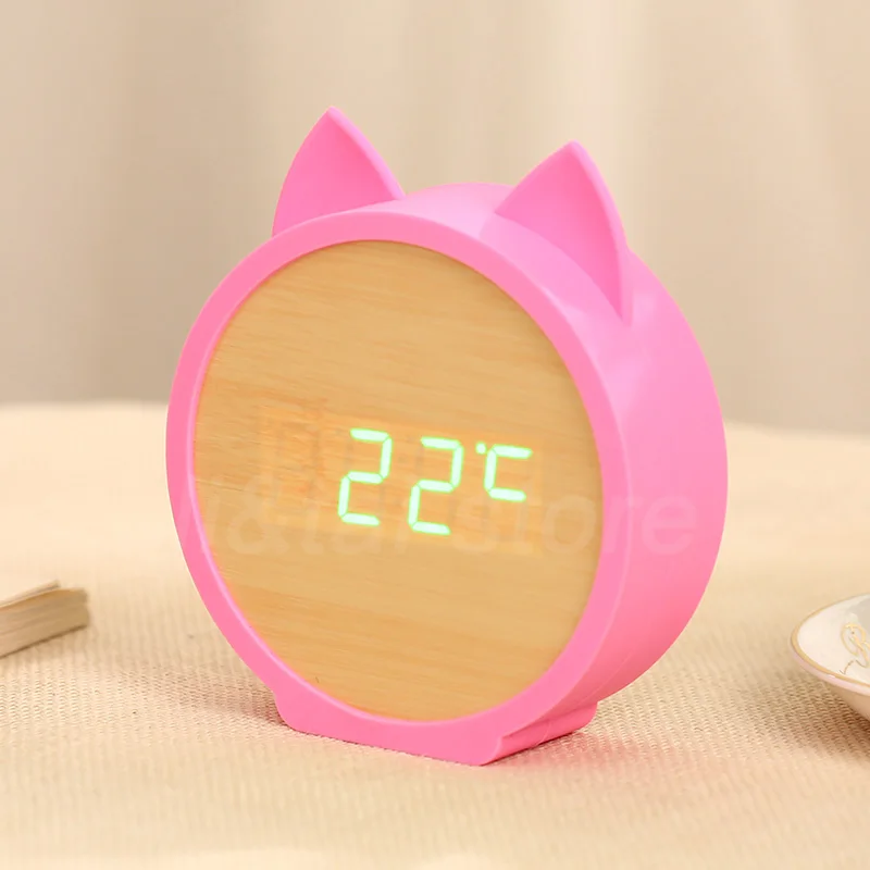 Bamboo green-Pink Детские часы милый кот Силиконовые электронные деревянные настольные часы светодиодный Деревянный Будильник мультфильм Календарь совершенство Голосовое управление - Цвет: Bamboo green-Pink