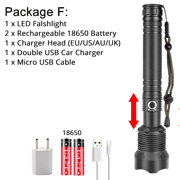 Package F Тактический светодиодный фонарь XHP70.2 самый мощный фонарик USB Zoom СВЕТОДИОДНЫЙ Фонарь xhp70 xhp50 18650 или 26650 батарея Лучший Отдых на природе - Испускаемый цвет: Package F