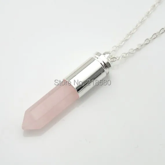 

MPN0201 Healing Crystal Point Necklace,Rose Pink Quartz Hexagon Necklace, Gold or Silver Bullet Necklace
