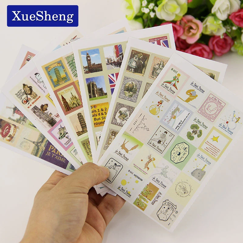 

1 Bag(4 Sheets) DIY Vintage Retro Stamp Stickers London Paris Prince Alice Sticky Scrapbooking Paper