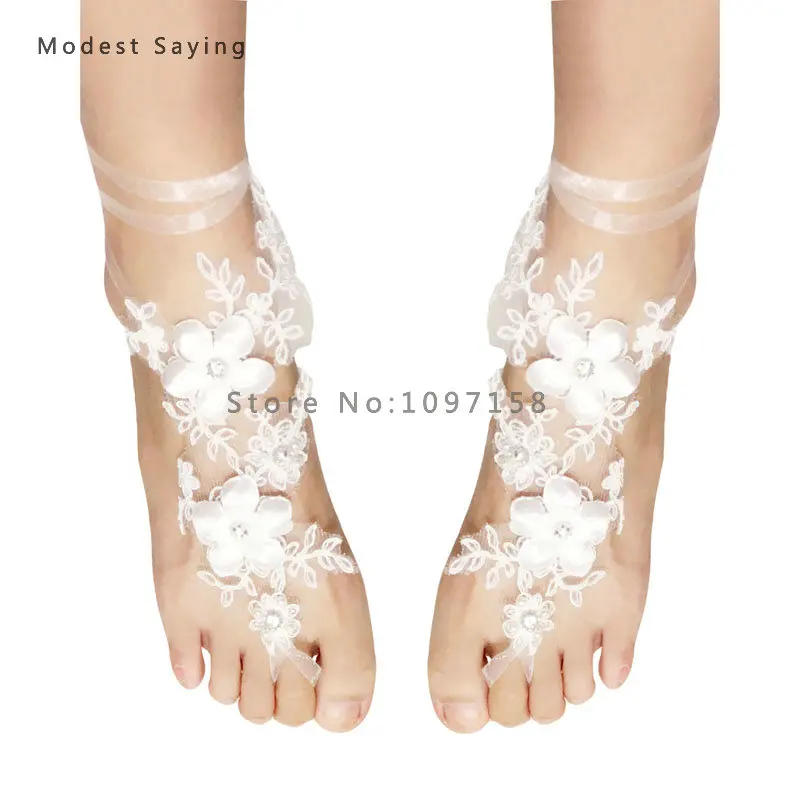 Free Size Ivory Flowers Lace Wedding Barefoot Sandals Anklet Shoes With Toe Sandbeach Bridal Beach Bridesmaid Foot Jewelry YB25 | Украшения