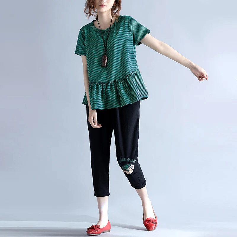 Doornot Women Plus size Tops Summer Casual A-line Loose Short sleeve Striped Ruffles Cotton Green Large T-shirts Tees | Женская одежда