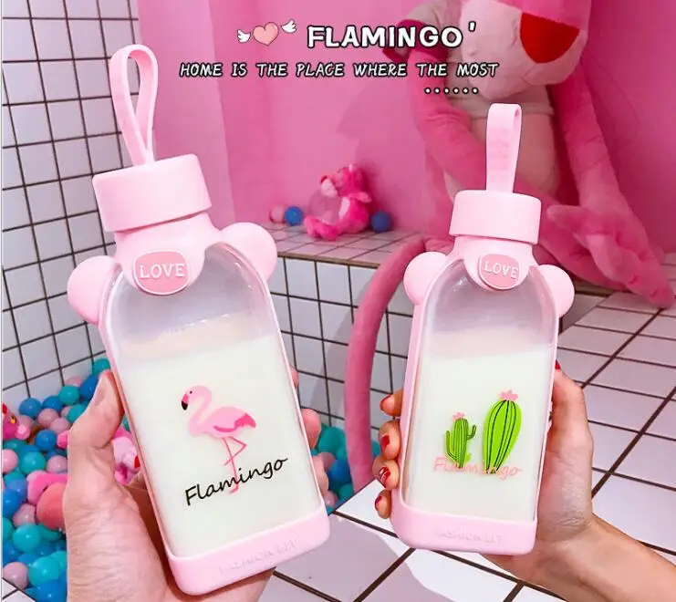 

Summer Hawaii Flamingo Cactus 18cm 350ML Glass Bottle Handle Pink Drinking Portable Cup Kids Birthday Festival Party Favor
