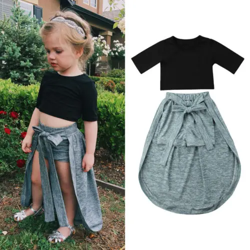 New Summer Kid Girl Clothes Set Baby 2Pcs Exposed Navel Crop Tops Short Pant Bow-knot Skirt Infant Outfit Chidlren | Детская одежда и