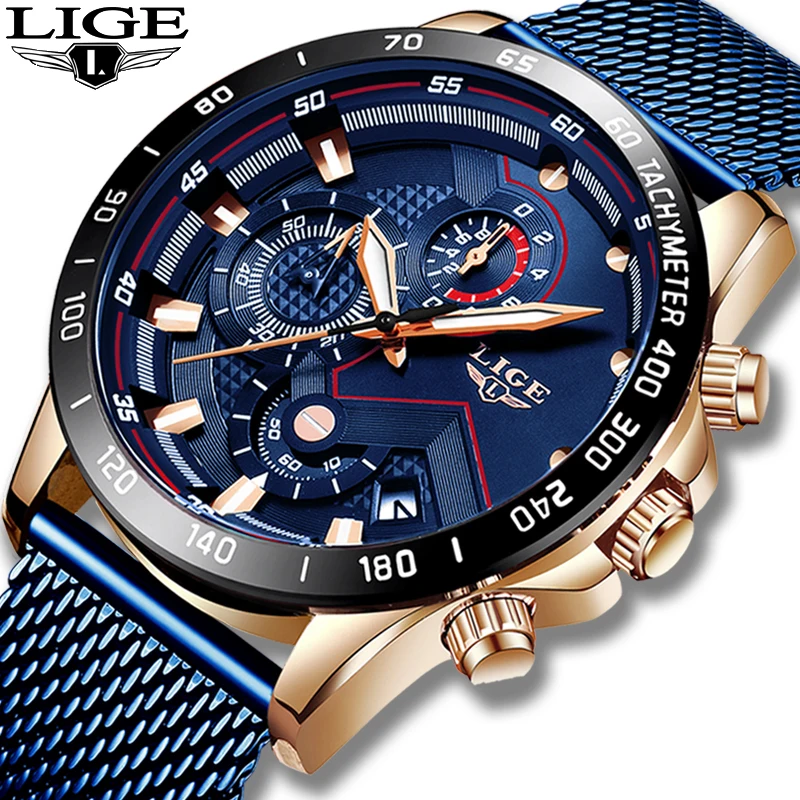 Мужские наручные часы LIGE синие повседневные с сетчатым ремешком кварцевые из