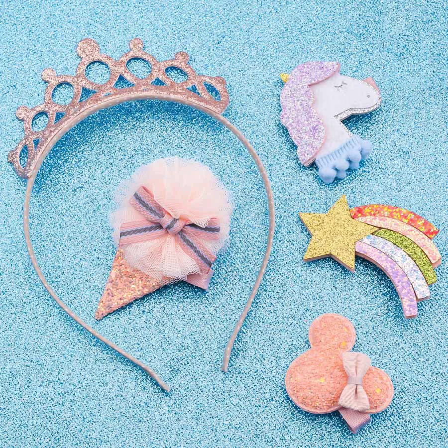 5piece/set Unicorn Hair Accessories Bobby Pins Clips Princess Headband Children Girls Ponytail Holders | Детская одежда и обувь