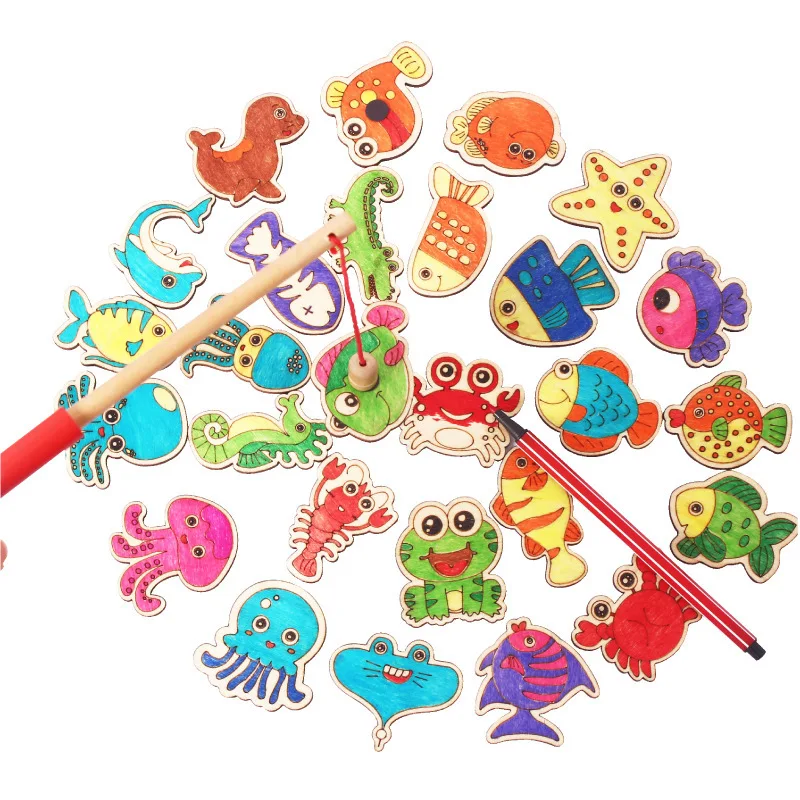 Wooden Baby Fish Toys For Children Multifunctional Graffiti Painting Magnetic Fishing Games Kids Educational | Игрушки и хобби