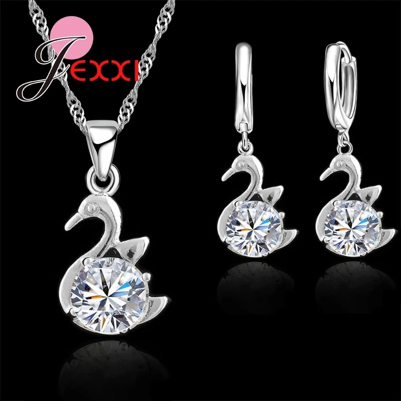 

Women Genuine 925 Sterling Silver Jewelry Sets Women Austrian Crystal Swan-shaped Accessory Necklace Drop Earring Sets