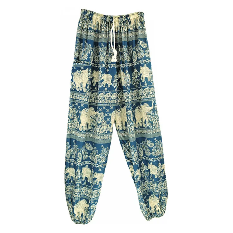 Peacock Blue Женские штаны с высокой талией, богемные, на шнуровке, с принтом слона, шаровары, Boho Camo, брюки, свободные, классические, женские, 4 цвета - Цвет: Peacock Blue