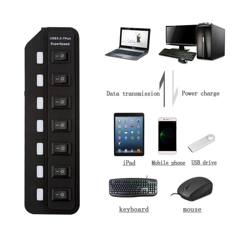 Высокоскоростной концентратор с 4 и 7 портами USB 3 0 со встроенным светодиодным