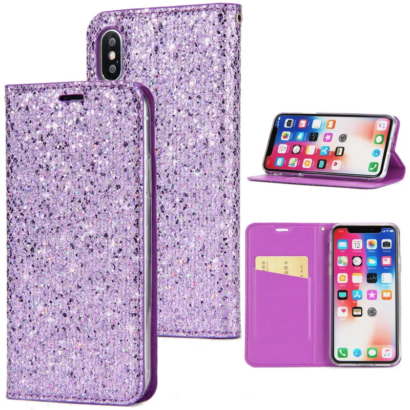 Purple Магнитный Блестящий флип-кошелек, чехол для телефона для iPhone X, 7, 7 Plus, 8, 8 Plus, 6, 6 plus, 6 S, s Plus, кожаный держатель для карт, полный Чехол - Цвет: Purple