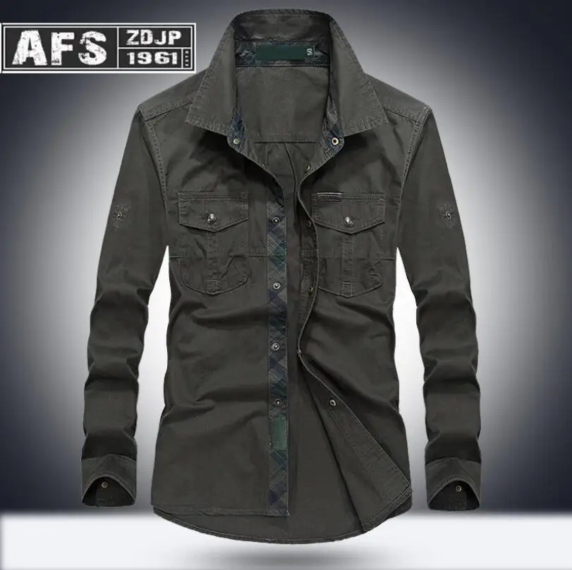 army green Мужские рубашки карго армейские военные повседневные рубашки с длинным рукавом хлопок военные джинсовые рубашки camisa social masculina afs jeep style - Цвет: army green