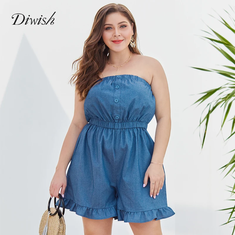 Женский комбинезон с открытыми плечами Diwish голубой Свободный широкими штанинами