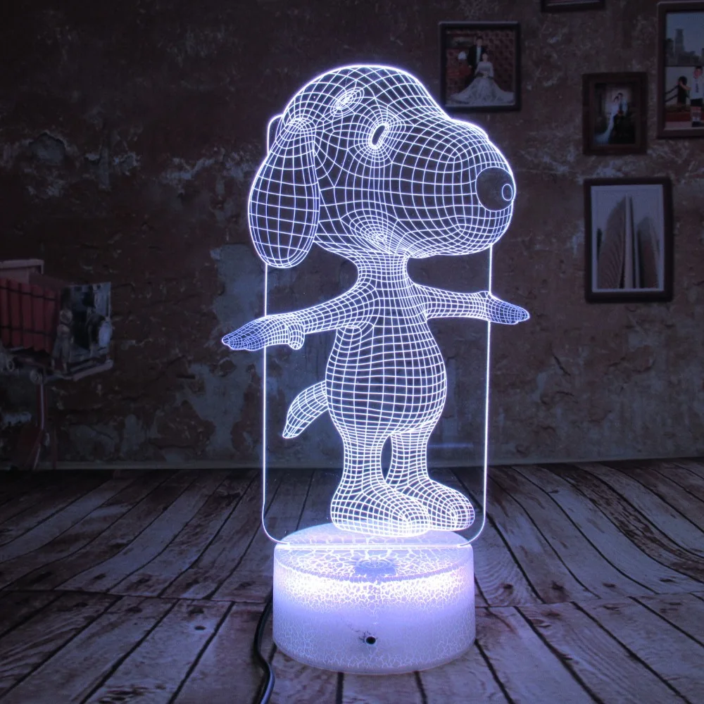 Snoopy, 3D лампа, Ночной светильник, сенсорные настольные лампы, 7 цветов, меняющий светильник s с акриловым плоским и ABS основанием и зарядным устройством USB
