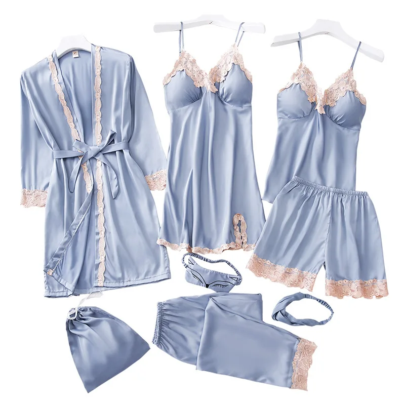 Женская атласная пижама 8 шт. шелковая Домашняя одежда с вышивкой пижамы для