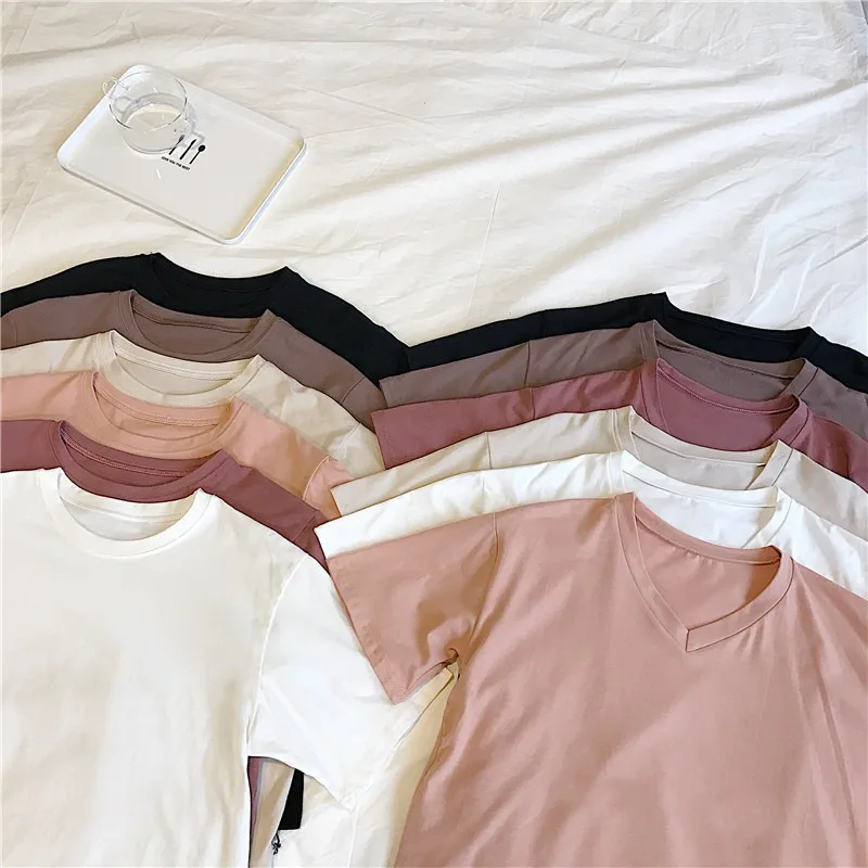 Совершенно новая Женская Базовая футболка с круглым вырезом/V-образным вырезом