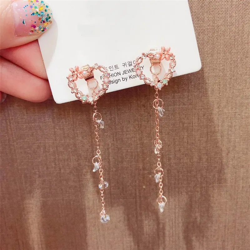MENGJIQIAO Корейская Новая Мода Bijoux сладкий цветок сердце падение Pendientes Mujer Moda Блестящий Циркон кисточкой серьги для женщин