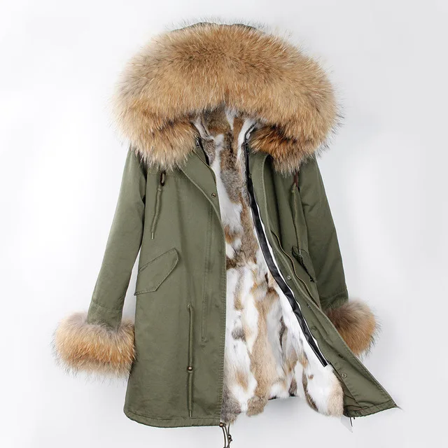 long OFTBUY, новинка, парка, натуральный мех, пальто, зимняя куртка для женщин, натуральный мех енота, воротник, теплый, толстый, мех кролика, подкладка, парки, отстегивающиеся - Цвет: long