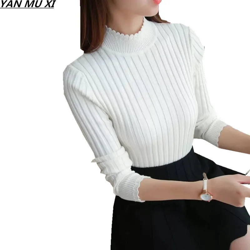 Brand YAN MU XI 2017 feminina fashion autumn and winter new sets of leisure tight pink Lace collar sweater women | Женская одежда