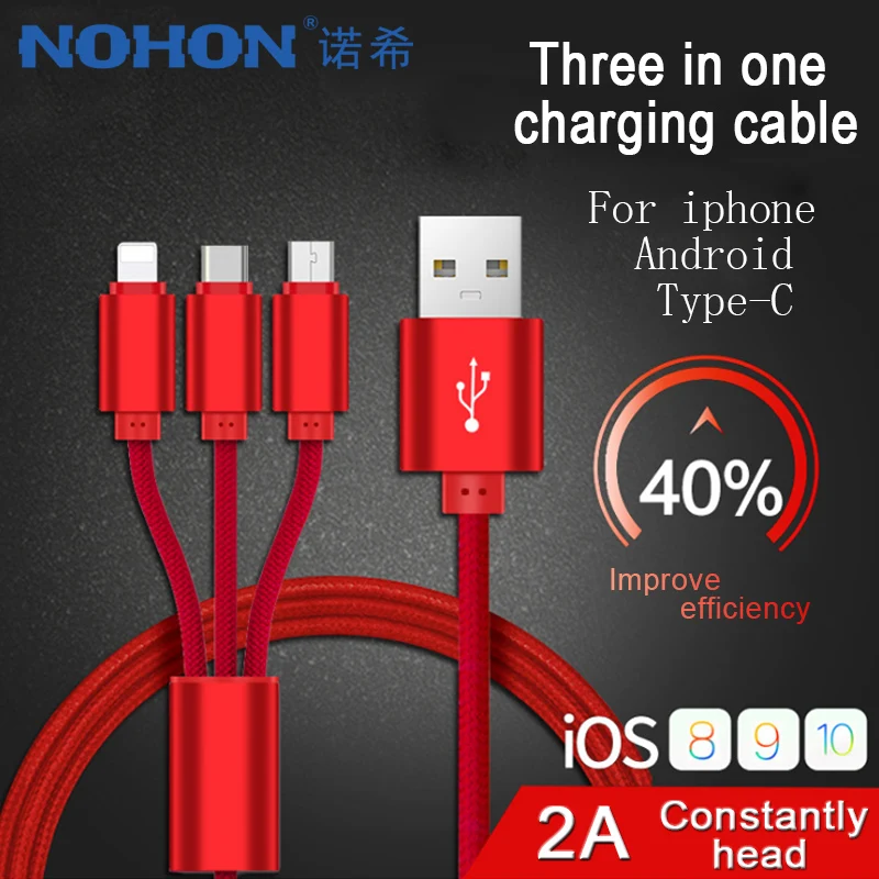 NOHON Нейлон Micro Тип usb C 8 Pin 3 в 1 Портативный зарядный кабель для iPhone 7 6 X iOS Android samsung