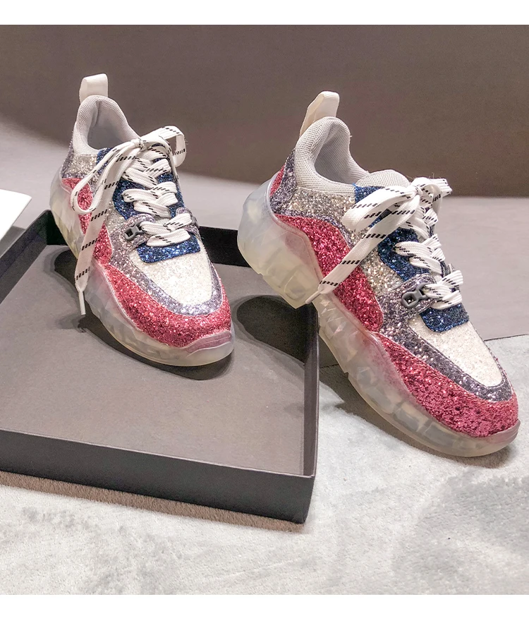 Сезон весна; Новинка; модный бренд Повседневное обувь Bling Для женщин с круглым носком; Zapato De Mujer; обувь с украшением в виде кристаллов кроссовки с блестками на платформе Дамская обувь Стразы