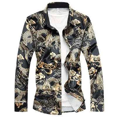 LONMMY 6XL 7XL, плюс размер, рубашка с длинным рукавом, Мужская блузка, велюр, Рисунок дракона, тонкая, повседневная, Мужская одежда, рубашки,, осень, весна - Цвет: 8805 black