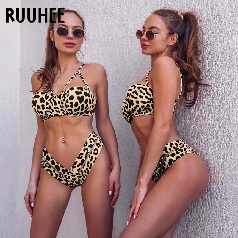 RUUHEE, бикини,, купальник для женщин, с высоким вырезом, купальник, бикини, набор, пуш-ап, Леопардовый принт, купальник для женщин, летняя пляжная одежда, бикини