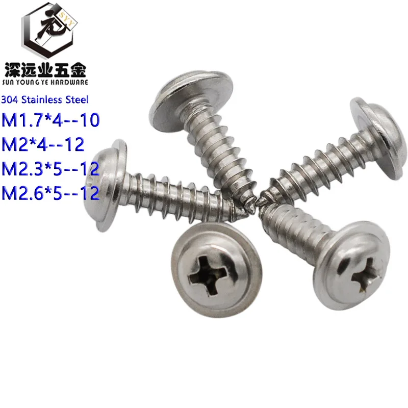 

1000pcs DIN968 M1.7M2M2.3M2.6 Cross Round Head Stainleess Steel self-tapping with Padded Screws With Collar Pad Washer Silver