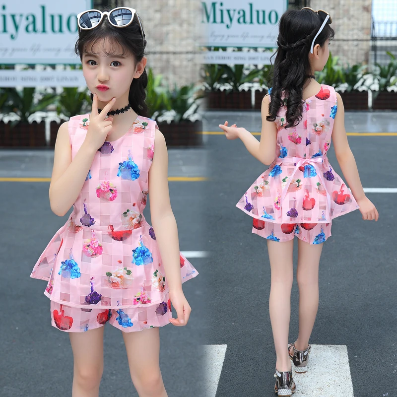 Летняя детская одежда Топ без рукавов + Шорты 2 шт. комплекты одежды для девочек