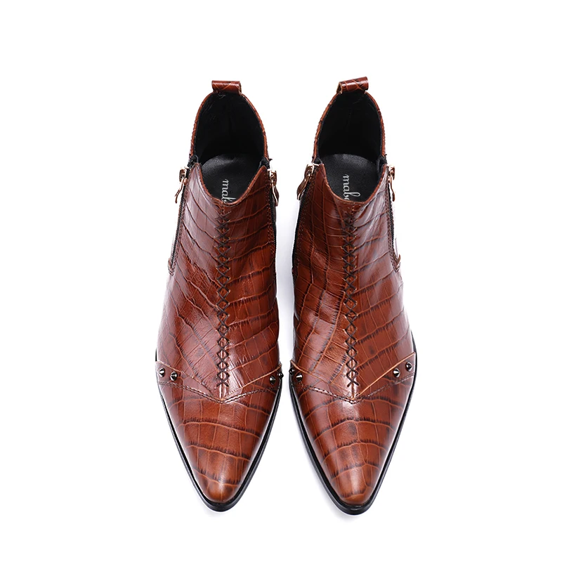 Fashion Men Dress Shoes Genuine Leather Rivets Studded Ankle Boots Pointed Toe Men's Double Zipper Military Cowboy Boot | Обувь