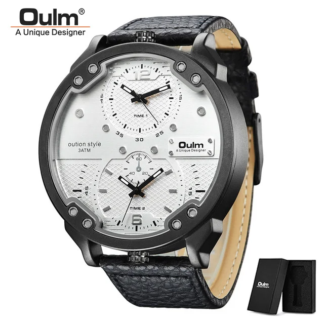 C2(with box) Oulm, большие часы, мужские, несколько часовых поясов, спортивные, кварцевые часы, мужские, повседневные, кожа, люксовый бренд, мужские, Wriswatch, relogio masculino - Цвет: C2(with box)