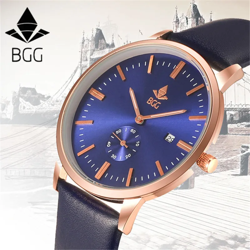 Роскошные BGG Марка Бизнес повседневные мужские часы кожаный ремешок Розовое