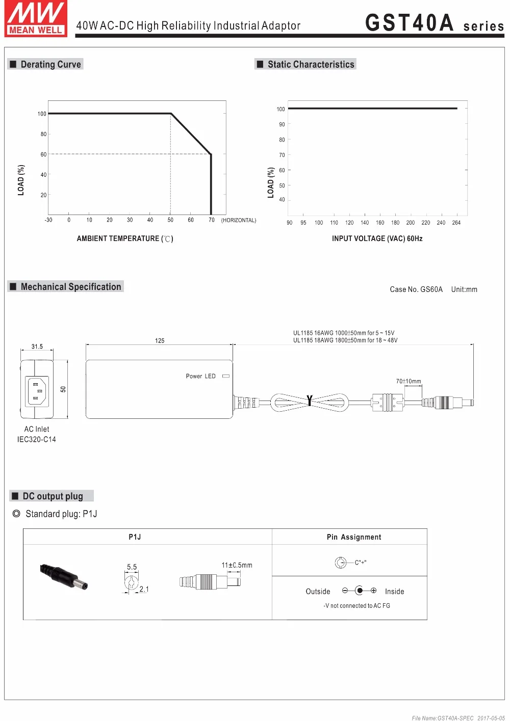 Meanwell GST40A 40W адаптер DC 5V 7,5 V 9V12V 15V 18V 24V 48V Универсальный Зарядное устройство питания для led светильник осветительная полоса