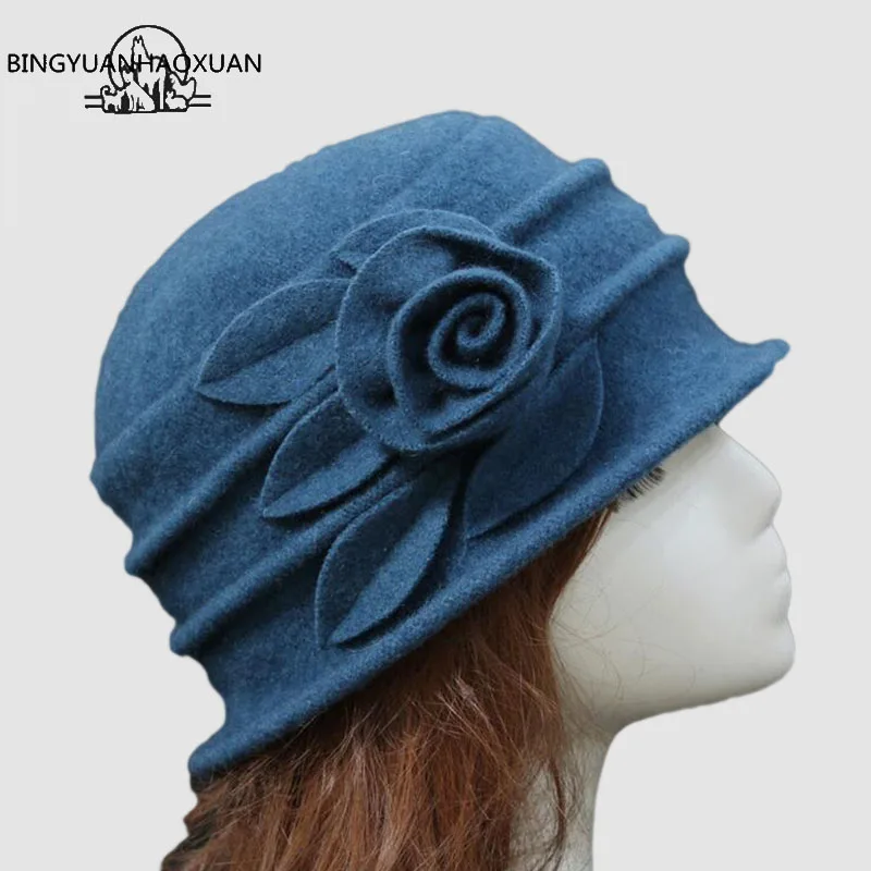 

BINGYUANHAOXUAN, шапка для женщин купол фетровая шляпка шерстяная 100% шерстяная шляпа Мамины шляпы для осень-зима, однотонное, с цветами Теплая мягк...