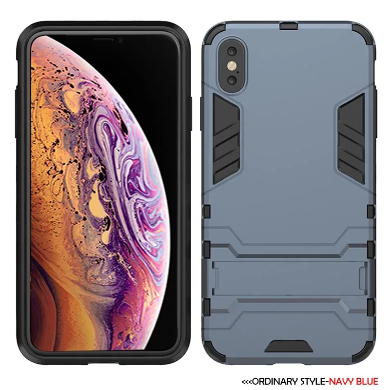 Противоударный чехол для iPhone X, XR, XS, Max, 8 Plus, 6, 6s, 7, 5, SE, 5S чехол для телефона, PC+ силиконовый чехол с подставкой и изображением Железного человека - Цвет: C1-Navy Blue